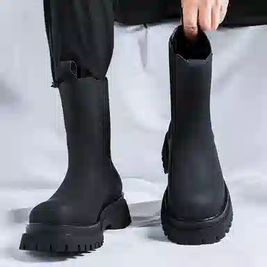 超纤皮 磨砂厚底百搭英伦风防滑耐磨休闲鞋 中筒 切尔西靴 男款 经典黑色