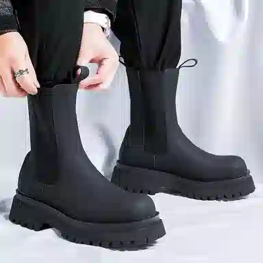 超纤皮 磨砂厚底百搭英伦风防滑耐磨休闲鞋 中筒 切尔西靴 男款 经典黑色