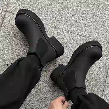 超纤皮 潮流韩版英伦风厚底复古时尚舒适百搭圆头 短筒 切尔西靴 男款 黑色