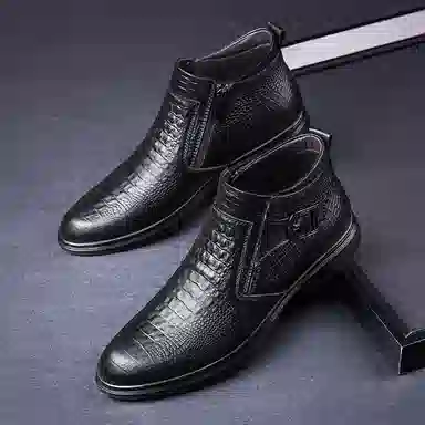 头层牛皮 经典商务时尚潮流加绒保暖鳄鱼纹皮面百搭显瘦增高 短靴 男款 黑色
