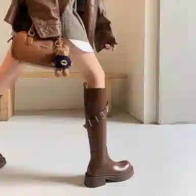 牛皮革 经典圆头设计复古时尚纯色简约 高筒靴 女款