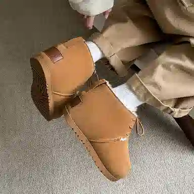 牛反绒 保暖减震防滑 加绒加厚丑萌圆头 短筒 雪地靴 男女同款