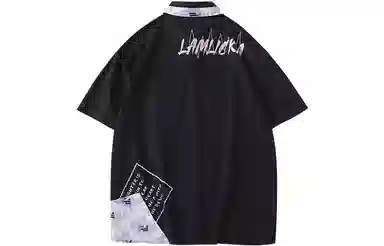 LAMLICKA拼接字母短袖翻领衬衫男女同款黑色
