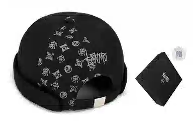 【赠礼盒包装】 肯默 老花瓜皮帽无檐地主 棉 贝雷帽 男女同款情侣款 黑色