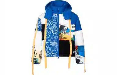 13 DEMARZO x MARK WIGAN Graffiti Ribbon Hooded Down Jacket Blue White