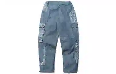 李宁 运动时尚系列 图案印花抽绳收口梭织牛仔裤 男款 故乡蓝