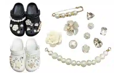 US8ACC Baroque Crystal Pearl Chain Camellia Shoe Charm
