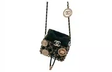 CHANEL Chain Drawstring Leather Coin Bag Black