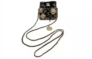 CHANEL Chain Drawstring Leather Coin Bag Black