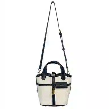 莫西里里 拼色拉链开合 帆布 水桶包菜篮子包手提单肩斜挎包 小号 女款 白色/黑色