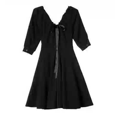 小镇姗姗 纯色绑带蝴蝶结高腰七分袖连衣裙