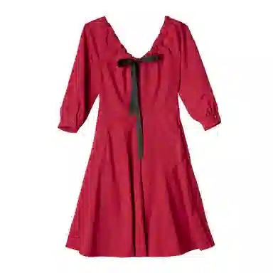 小镇姗姗 纯色绑带蝴蝶结高腰七分袖连衣裙