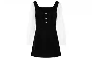 太平鸟 拼接纽扣方领短款长袖连衣裙 黑色