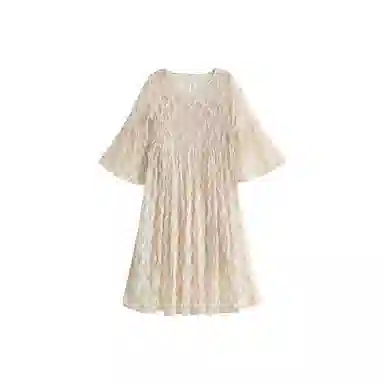 小镇姗姗 法式纯色圆领蕾丝喇叭长袖连衣裙