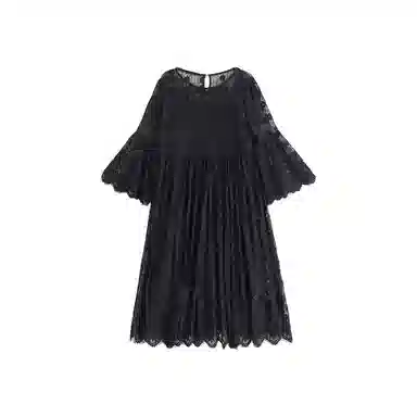 小镇姗姗 法式纯色圆领蕾丝喇叭长袖连衣裙