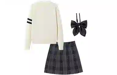 东鲸岁时记 撞色长袖针织开衫百褶格纹短裙制服套装 女款