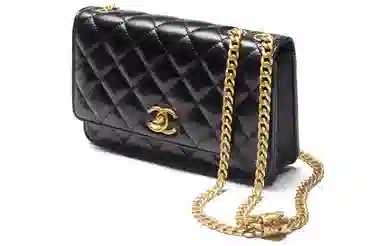 Chanel Small Gold Ball Quilted Lambskin Chain Wallet Black