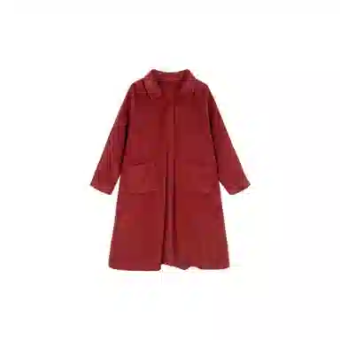 小镇姗姗 纯色纽扣口袋中长款长袖红色大衣 女款