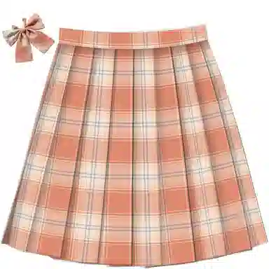 兔半眠 格纹百褶半身短款制服裙装 橙色