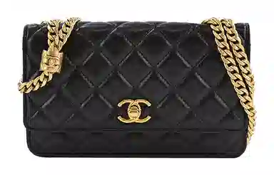 Chanel Small Gold Ball Quilted Lambskin Chain Wallet Black