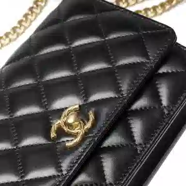 Chanel Small Gold Ball Quilted Lambskin Chain Wallet Black