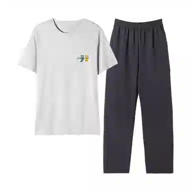 棉基因 纯棉短袖长裤睡衣 圆领家居服套装 春夏季 男款 浅灰