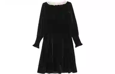 小镇姗姗 纯色丝绒蝴蝶结点缀长袖连衣裙 黛黑色