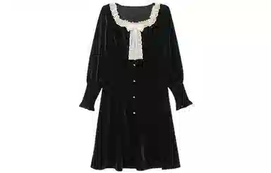 小镇姗姗 纯色丝绒蝴蝶结点缀长袖连衣裙 黛黑色