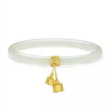 周大生 足金铃兰手镯金镶玉和田玉晴水叮当镯幸福铃兰女浅色温润和女镯子 情人节送女朋友女友礼物#礼物