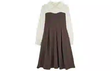 小镇姗姗 翻领拼接单排扣套头长袖连衣裙