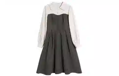 小镇姗姗 翻领拼接单排扣套头长袖连衣裙