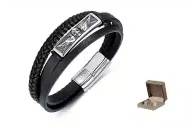 肯默 钛钢骷髅羽翼手链 朋克风手环 编织皮手镯 简约磁吸开口 男款