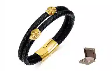 肯默钛钢骷髅头手链 朋克风手环 双层编织皮 简约磁吸开口 男款