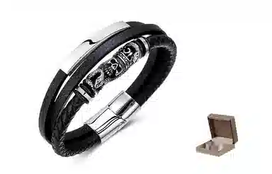 肯默钛钢骷髅皇冠手链   朋克风手环 多层编织皮   简约磁吸开口 男款