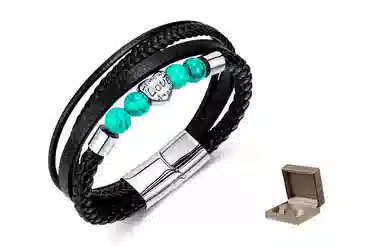 肯默钛钢爱心手链 朋克风手环 多层编织皮 简约磁吸开口 男款