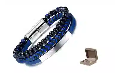 肯默钛钢嘻哈手链 朋克风手环 多层编织皮 简约磁吸开口 男款 蓝色