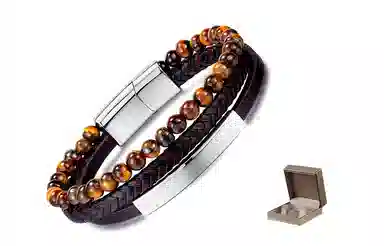 肯默钛钢嘻哈手链  朋克风手环 多层编织皮 简约磁吸开口 男款