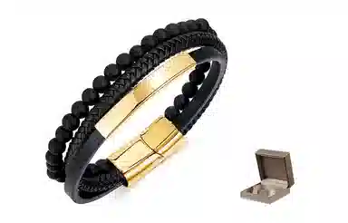 肯默钛钢串珠手链 朋克风手环 多层编织皮 简约磁吸开口 男款