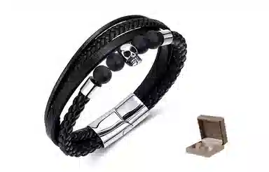 肯默钛钢嘻哈骷髅头手链 朋克风手环 多层编织皮  简约磁吸开口 男款