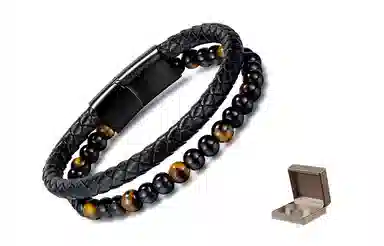 肯默钛钢双层手链 朋克风手环 编织皮 简约磁吸开口 男款  黑色