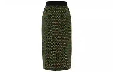 美洋 腰部松紧提花后部开叉针织半身裙 绿色