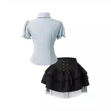 花山家的猫 纯色尖领单排扣合身短款短袖衬衫短款高腰百褶裙制服套装 女款