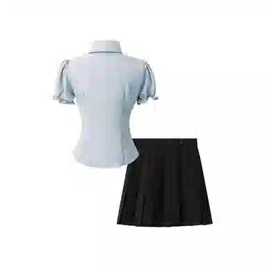 花山家的猫 纯色尖领单排扣合身短款短袖衬衫短款高腰百褶裙制服套装 女款