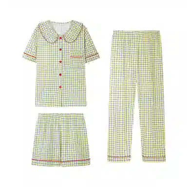 橡柠派 日系格子娃娃领三件套睡衣女夏季薄款短袖开衫可外穿家居服 女款 清新绿 家居套装