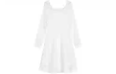 小镇姗姗 纯色蕾丝边方领长袖连衣裙 白色