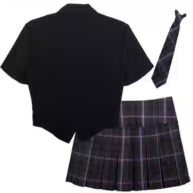 兔半眠 纯色徽章刺绣尖领短袖衬衫格纹半身裙制服套装 女款