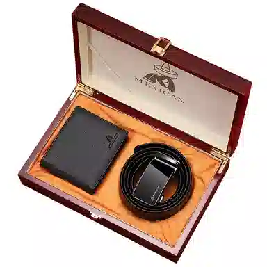 稻草人 纯色皮带礼盒质感实木礼盒钱包 牛皮 礼盒装 大号 男款 红色