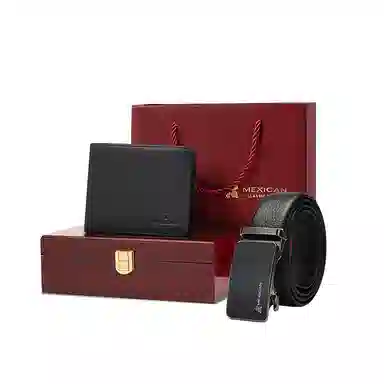 稻草人 纯色皮带礼盒质感实木礼盒钱包 牛皮 礼盒装 大号 男款 红色
