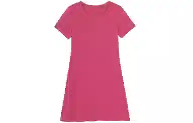 小镇姗姗 纯色圆领宽松套头短袖连衣裙