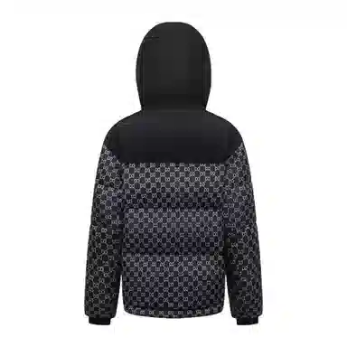 鸭鸭 拼色字母爱心印花连帽拉链羽绒服 男女同款